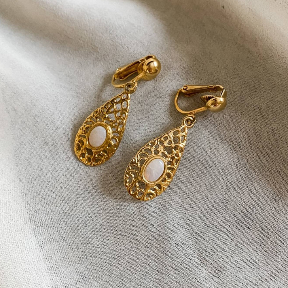 Vintage Gold Filigree Earrings with White Stone